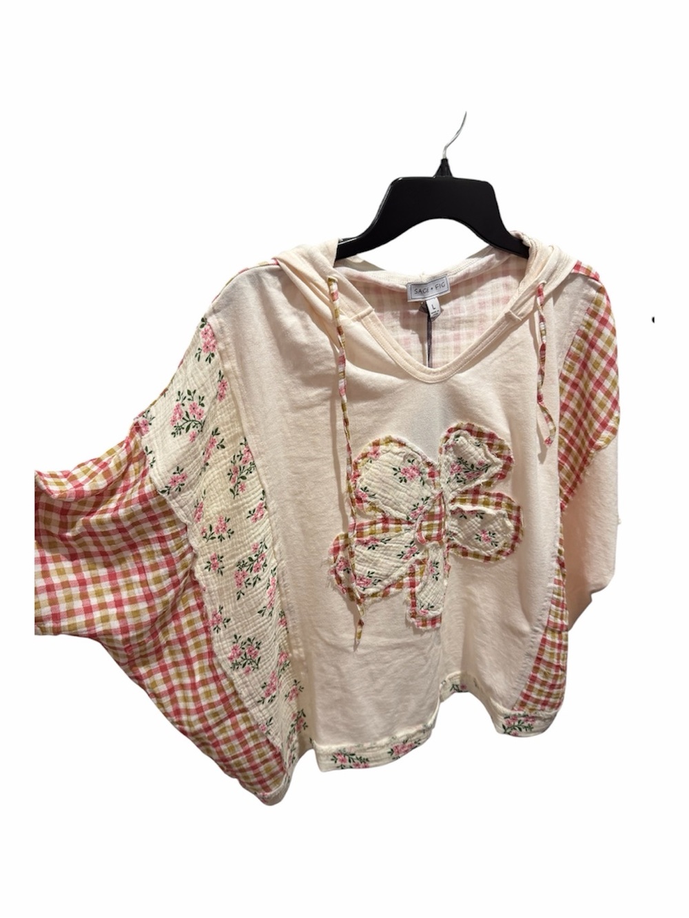 Boho Floral Patchwork Crop Hoodie - Pink/Cream
